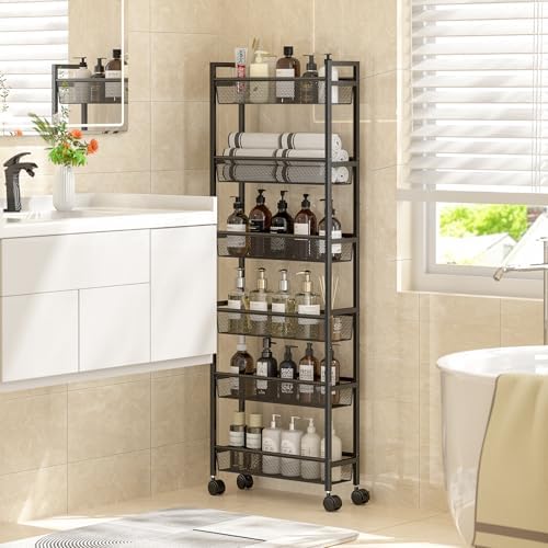 ThreeHio 6 Tier Slim Storage Cart, Narrow Cart with Wheels, Metal Mobile Shelving Unit Organizer for Kitchen, Bathroom, Laundry Room, Living Room & Narrow Spaces, Black, 6in(W) - Image 6