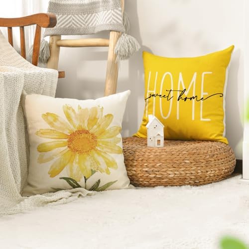 AVOIN colorlife Home Sweet Home Spring Summer Flowers Yellow Throw Pillow Covers, 16 x 16 Inch Cushion Case for Sofa Couch Set of 4 - Image 5