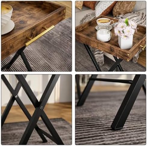 Folding TV Tray Tables, Set of 2 Side Table for Small Place, Snack Eating Tables at Couch, Folding Tables with Removable Serving Tray, Rustic Brown - Image 6