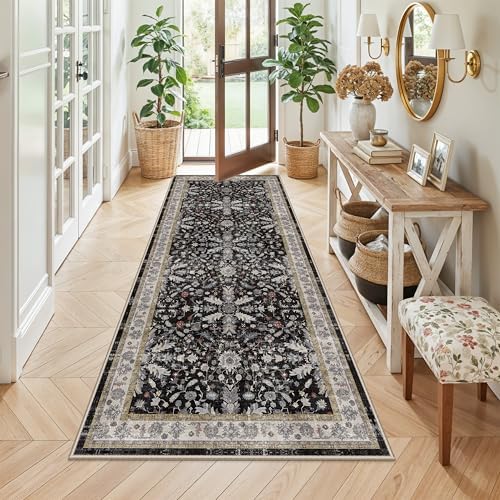 3x7 Washable Non-Slip Kitchen Runner Rug – Soft Low-Pile Stain-Resistant Carpet for Hallway Entryway Bedroom Laundry Room Bathroom – Boho Floral Wide Floor Runner with Rubber Backing (Black,3x7) by BYYVOORugsforYourHome