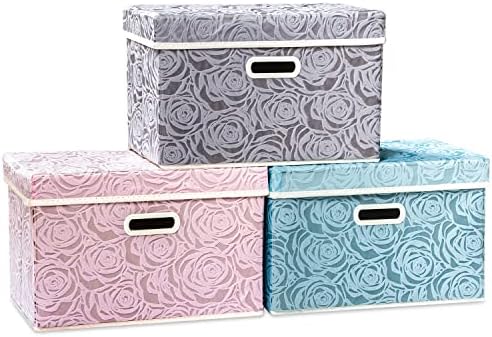 PRANDOM Larger Collapsible Storage Cubes with Lids Fabric Decorative Storage Bins Boxes Organizer Containers Baskets with Cover Handles for Bedroom Closet Living Room 17.7x11.8x11.8 Inch 3 Pack by Prandom