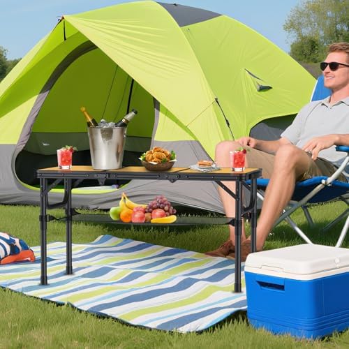 Anbte 3ft Camping Table Foldable with Storage Net and Bag, 3 Adjustable Heights High 27.5" Aluminum Camping Table Portable, for Outdoor Indoor Backyard BBQ Cooking Party Picnic Beach, Light Oak Grain - Image 2