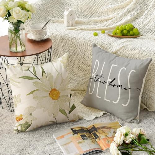 AVOIN colorlife Home Sweet Home Spring Summer Flowers Throw Pillow Covers, 16 x 16 Inch Grey Cushion Case for Sofa Couch Set of 4 - Image 4