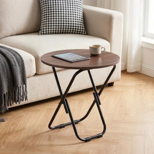 VECELO 17.7" Small Folding Table, Round Patio Outdoor Side Snack Table, Waterproof Wood End Table with Anti-Rust Metal Legs for Living Room Bedroom Garden Yard Balcony Porch by VECELO