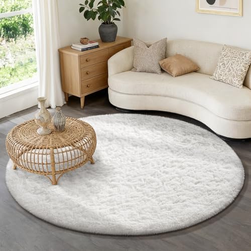 Ophanie Round Rug 6Ft White Circle Area Rug, Aesthetic Room Decor, Fluffy Fuzzy Bedroom Carpet, Plush Soft Shaggy Living Room Rugs for Kids Home, Nursery with Over 99 pcs Pile fibers by Ophanie