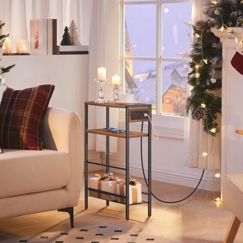 HOOBRO Small Narrow Side Table with Charging Station, Skinny End Table for Small Spaces, Slim Nightstand with USB Ports Outlet, Sofa Beside Table with Storage Shelf, Rustic Brown and Black BF102UBZ01 - Image 2