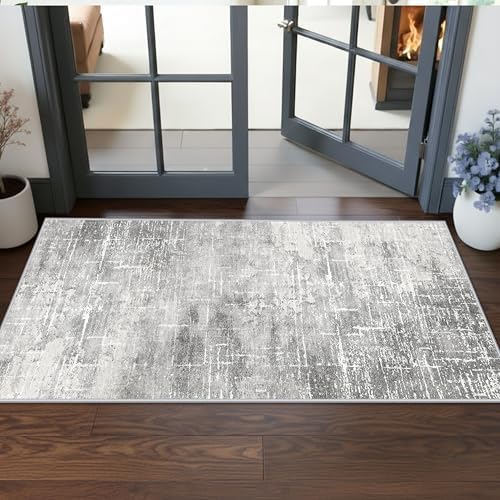 Washable 2x5 Hallway Runner Rug: Indoor Abstract Water Resistant Kitchen Entryway Rug Soft Living Room Bedroom Carpet Thin Low Pile Non Slip Floor Mat for Bathroom Laundry Room(2X5，Light/Grey) by HYHAOYUNLAI