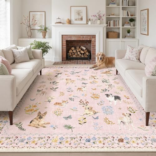 Soalmost Dog 9x12 Pink Area Rugs for Baby Girl Nursery, Washable Soft Rug by Soalmost