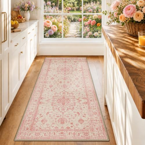 RELEANY Washable Area Rug, Runner 2'x6', Pink/Light Vintage Pink by RELEANY