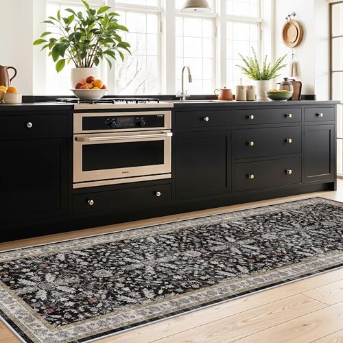 3x10 ft Long Kitchen Runner Rug – Non-Slip Washable Hallway Carpet Runner with Rubber Backing, Boho Floral Low Pile Thin Wide Runners for Entryway Indoor（Black,3x10） - Image 4