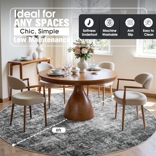 Aelenmu Round Rug 8ft Washable Rug for Dining Room Living Room Black Grey - Image 3