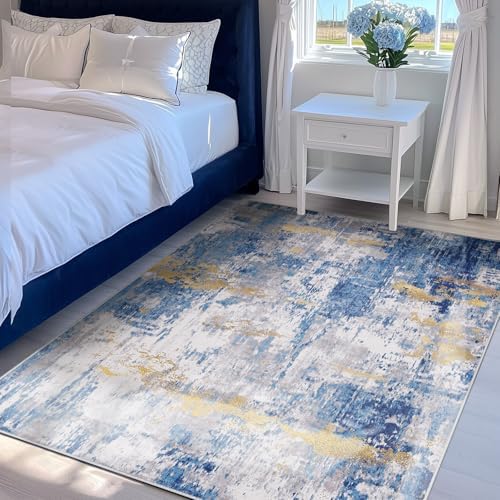 RELEANY Washable 4'x5' Abstract Area Rug for Living Room Blue Gold - Image 3