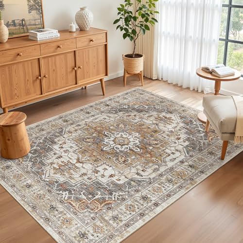 Madane Area Rug 3x5, Washable Vintage Entry Rugs for Bedroom, Turmeric/Grey - Image 3