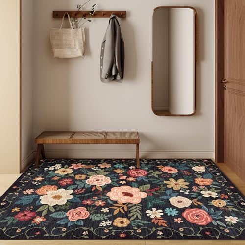 DUKINO 4x6 Area Rug, Floral Washable Office Rug Non Slip Chair Mat, Black - Image 3