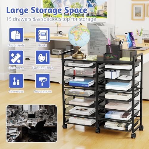 Simple Trending 15-Tier Rolling File Cart, Desk File Organizer with 14 Mesh Sliding Trays, Letter & Legal Paper Storage Rolling Utility Cart for Office Home School, Black - Image 3
