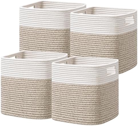 UBBCARE Set of 4 Storage Cubes-13 X 13 X 13 In, Cotton Rope Basket for Shelves, Toys, Book, Cube Storage Bin with Handles, Woven Storage Basket for Organizing, White/Brown by UBBCARE