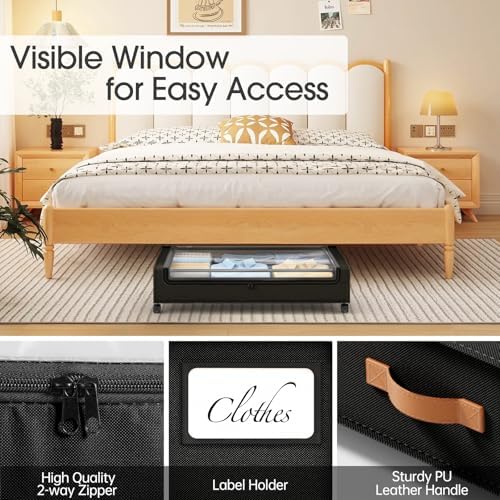 Yecaye 4 Pack Under Bed Storage with Wheels, Under Bed Storage Containers with Lids, Large Under Bed Rolling Storage with Clear Window & Label, Rolling Drawers for Clothes, Blankets, Books - Image 6