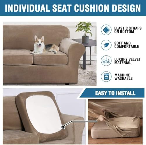 H.VERSAILTEX Real Velvet Plush 3 Piece Stretch Sofa Covers Couch Covers for 2 Cushion Couch Loveseat Covers Width Up to 72 Inch Feature Thick Soft Stay in Place (Medium Sofa, Camel) - Image 6
