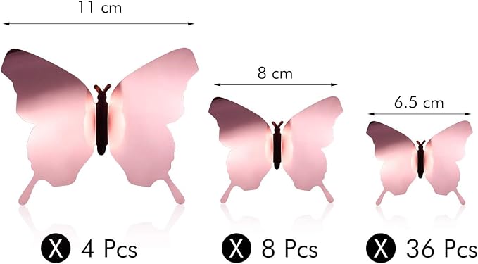 BBTO 48 Pcs 3D Butterfly Mirror Wall Decor,Rose Gold | Butterfly Stickers,3 Sizes,for Birthday Party Cake,Room Nursery Bathroom Wall Decor,Removable Peel Stick,Reflective - Image 2