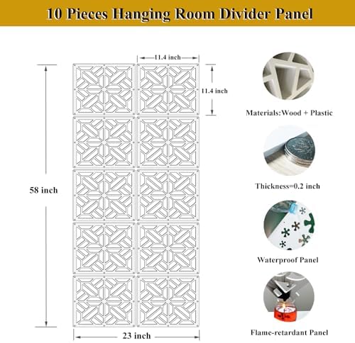 Lchen Hanging Room Divider Panel,White Hanging Wall Divider Room Partition 10 Pieces Wood-Plastic Panel Screen Home Office Decoration(SZ-S-10Panels) - Image 2