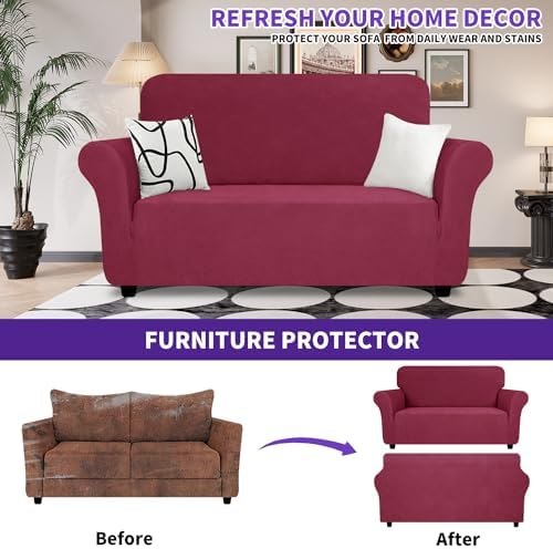 ZNSAYOTX Super Stretch Loveseat Covers (57"-70"), New Striped Love Seat Slipcover, Dogs Pet Friendly Anti-Slip Couch Protector Spandex Durable 2 Seater Fabric Sofa Cover (Wine Red, Loveseat) - Image 2