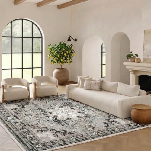 Washable Area Rug 8x10, Grey Vintage Persian Style Floral Living Room Rug - Image 2