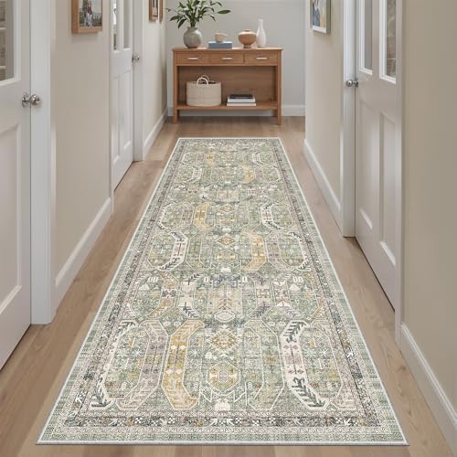 Madane Kitchen Runner 2'6''x8' Soft Rug Runners for Hallways, Green/Gold by Madane