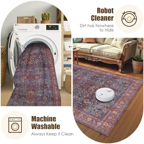 Washable Area Rug 6' x 9' Vintage Traditional Persian Mat - Foldable Distressed Non-Slip Machine Washable Carpet for Living Room Bedroom Kitchen Home Decor - Indigo and Crimson - Image 7