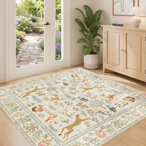 DUKINO 4x4 Square Area Rug, Washable Animal Rug for Entryway, Beige by DUKINO