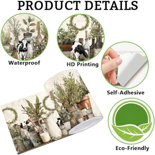 Farmhouse Wallpaper Border Wall Border Trim Peel and Stick 19.7 x 4 Inch Cattle Floral Jar Pattern PVC Decorative Molding Stickers for Bathroom Laundry Kitchen Backsplash Home Decoration - Image 6