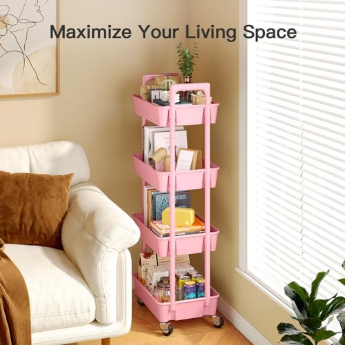 Pipishell 4 Tier Rolling Cart Organizer, Plastic Rolling Cart with Lockable Wheels & Reinforced Handle, Lightweight Utility Storage Cart for Nursery, Kitchen, Craft Room, Pink - Image 5