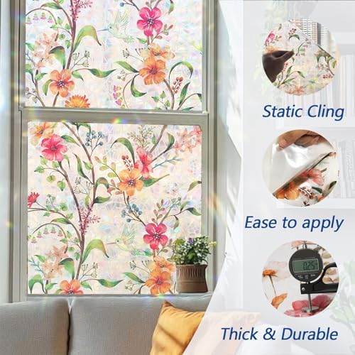 Stained Glass Window Film Decorative for Glass, Bathroom Window Privacy Film Static Cling, Rainbow Window Cling UV Blocking Non-Adhesive for Home Office Door (Floral, 29.5" x 78.7") - Image 5