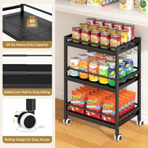3-Tier Expandable Rolling Pantry Organizers and Storage Cart with Wheels, Adjustable Pantry Floor Organizer, Snack Cart for Pantry, Kitchen Storage Cart with 4 Hooks for Snack, Food, Vegetables, Black - Image 4