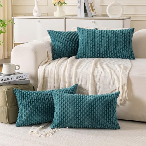 Set of 4 Teal Decorative Throw Pillow Covers 12x20 Inch Corduroy Pillow Covers for Bed Couch Sofa Living Room Soft Cushion Cases by Cozoomy