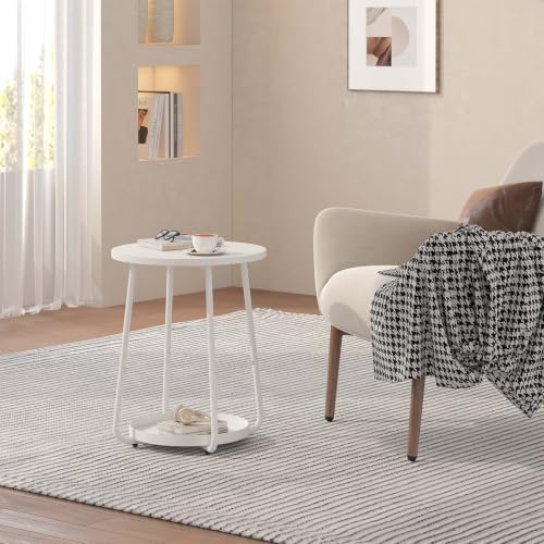 sthmec Small Round Side End Table with Storage, 2 Tier Round Bedside Sofa Couch Coffee Tables with Tray, Metal Nightstand for Small Spaces, Living Room Bedroom, White - Image 2