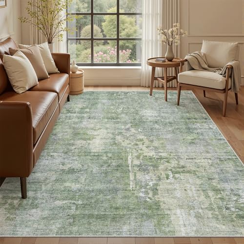 Soalmost Abstract Area Rug 6x9 for Living Room Washable Rugs Green/Ivory - Image 2