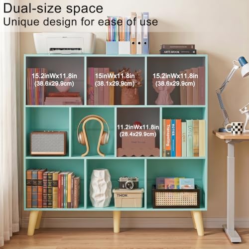 YAHARBO 10 Cube Bookshelf,3 Tier Bookcase with Legs,Green Mid-Century Modern Bookshelves,Large Free Standing Open Storage Organizer Shelf,Tall Wooden Book Case Furniture for Bedroom,Living Room,Office - Image 4