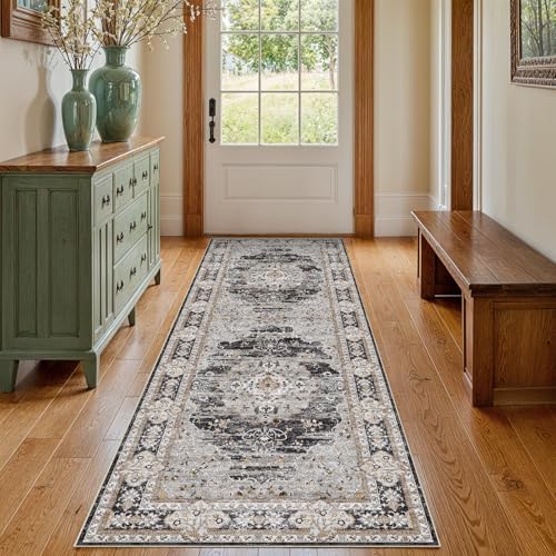 2x5 Washable Hallway Runner Rug - Non-Slip Vintage Throw Rugs Black Gray - Image 2