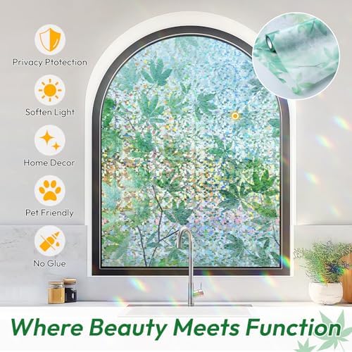 rabbitgoo Rainbow Window Privacy Film Decorative Stained Glass Diamond Pattern Window Sticker with Iridescent Tint Non-Adhesive Static Cling for Home Office Bathroom, Green Leaf 23.6 x 78.7 inch - Image 4