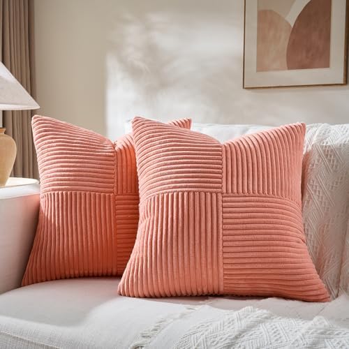 Fancy Homi 2 Packs Coral Samll Decorative Throw Pillow Covers 12x12 Inch with for Couch Bed Sofa, Rustic Farmhouse Boho Home Decor, Soft Corss Patchwork Corduroy Square Peach Cushion Case 30x30 cm by Fancy+Homi
