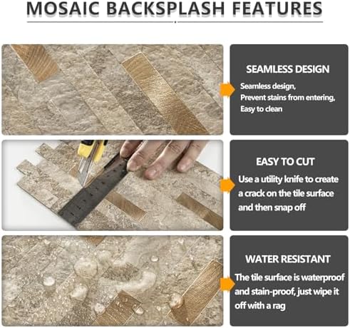 STICKGOO 20 Sheets Peel and Stick Backsplash Tile, Stick on Backsplash for Kitchen and Bathroom, Stone Beige Marble Look PVC Mixed Metal Gold Self Adhesive Wall Tiles - Image 4