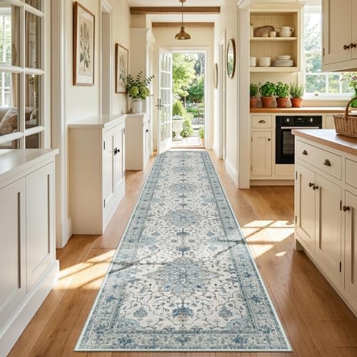 RELEANY Washable Area Rug, Runner 3'x20', Blue/White/Gray by RELEANY