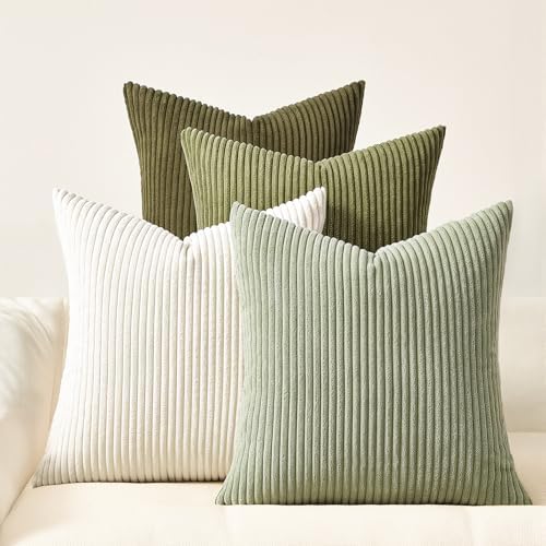 Topfinel Boho Farmhouse Green White Throw Pillow Covers 16x16 Inch Set of 4 Mordern Nordic Cushion Covers Soft Corduroy Spring Home Decor for Couch Bed Sofa Living Room Forest Green by Topfinel