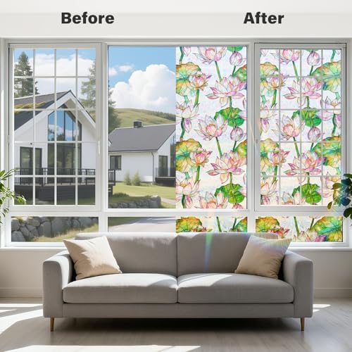 Donox Window Privacy Film Static Cling, Decorative Stained Glass Style Tint, Lotus Pattern with Rainbow Effect for Home and Office, UV Blocking No Glue Removable, 23.6 x 78.7 inches - Image 2