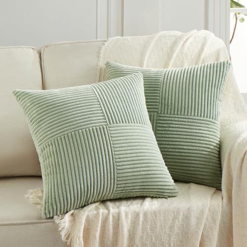 Fancy Homi 2 Packs Sage Green Decorative Throw Pillow Covers 20x20 Inch for Living Room Couch Bed Sofa, Farmhouse Boho Home Decor, Soft Corss Corduroy Patchwork Accent Square Cushion Case 50x50 cm by Fancy+Homi