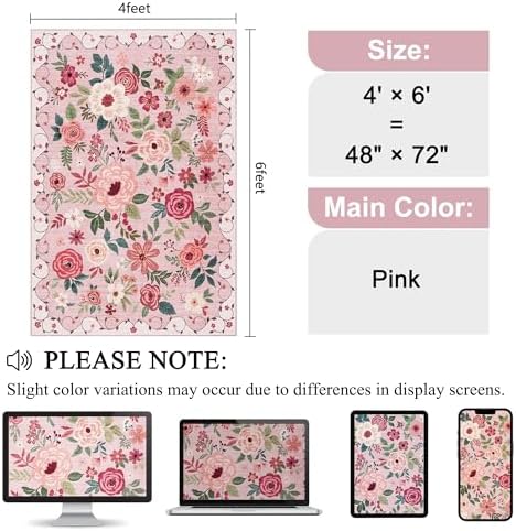 DUKINO 4x6 Area Rug, Floral Washable Rug Non Slip Office Chair Mat, Pink - Image 2