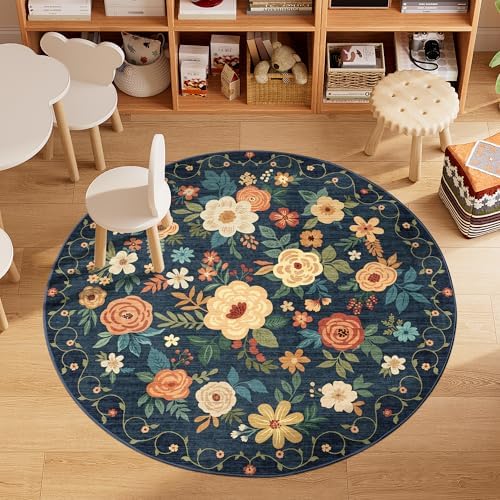 DUKINO 4ft Round Rug, Floral Washable Small Round Area Rug, Navy Blue - Image 2