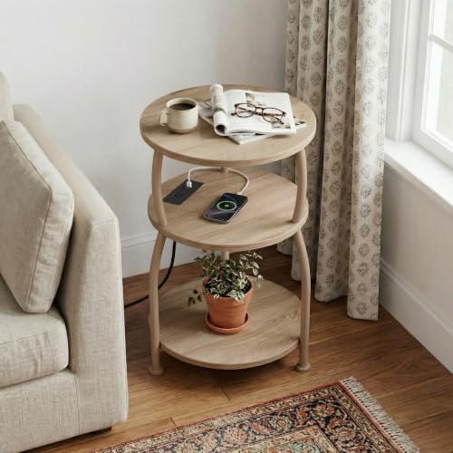 Round Side Table with Power Outlet, USB Type C Port, 3-Tier End Table - Image 4