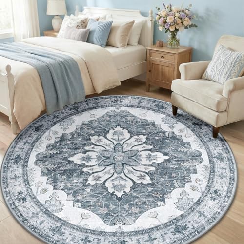 RELEANY Washable Area Rug, Round 6ft, Grey/White/Beige - Image 3