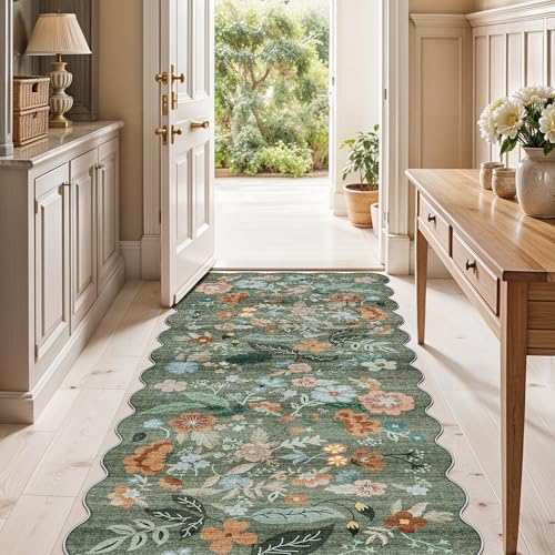 2x5 Washable Kitchen Area Rug: Floral Scalloped Entryway Runner Farmhouse Non-Slip Floor Carpet for Hallway Bathroom Soft Comfort Tile/Hardwood Floors Protection Mat Cute Home Decor(2x5, Floral/Green) - Image 5